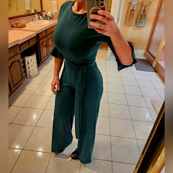 Womens Medium half sleeve Belted green one piece pants jumpsuit - Picture 6 of 9